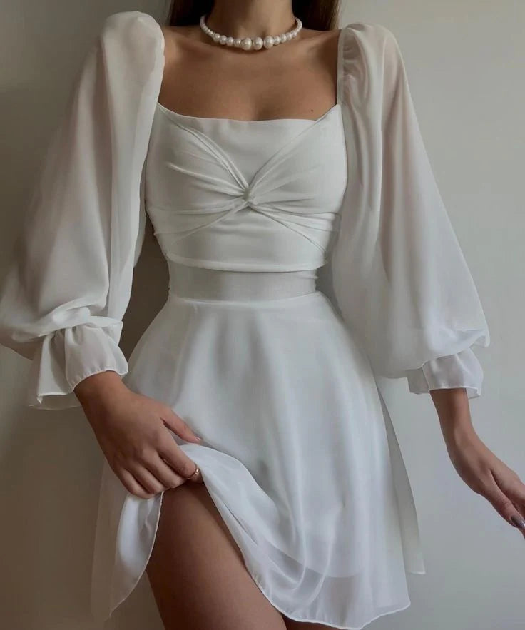 Vestido corto de gasa con cuello cuadrado y mangas largas para fiesta de graduación y regreso a casa